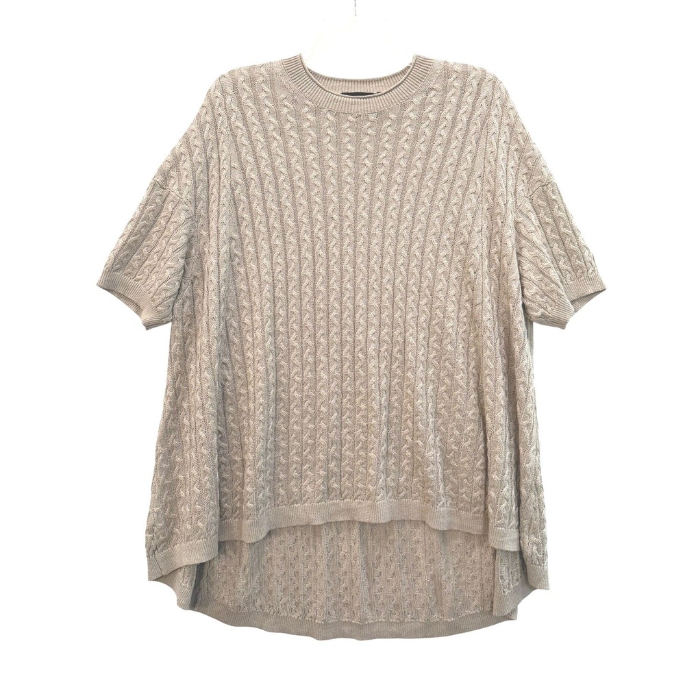 Theory Womens Beige Cable Knit Short‎ Sleeve High-Low Oversized Sweater S